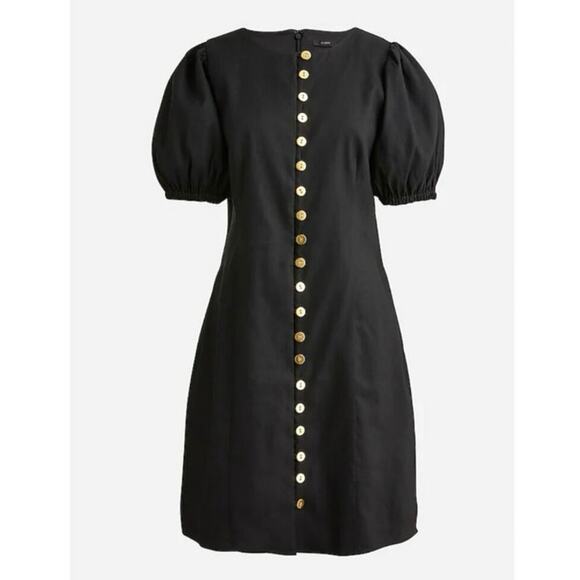J. Crew NWT Stretch Viscose Linen Blend Gold Button Front Puff Sleeve Mini Dress - Picture 1 of 12